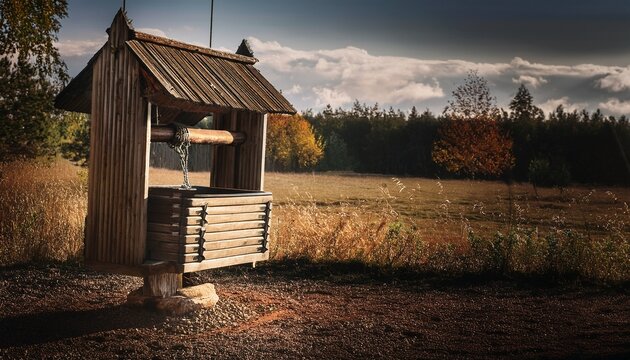 mysterious old wooden well evoking feelings of nostalgia and exploration featuring a bucket descending into shadowy depths by rope frayed with time
