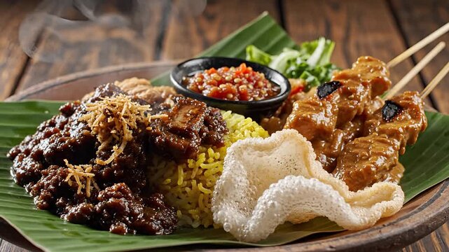 Delicious Indonesian Nasi Campur with Satay and Sambal.