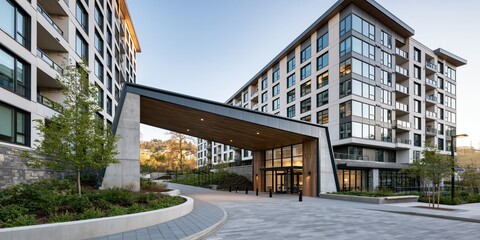 Fototapeta premium A contemporary apartment complex showcasing a sleek glass facade and spacious entrance, symbolizing urban living and modern architecture.