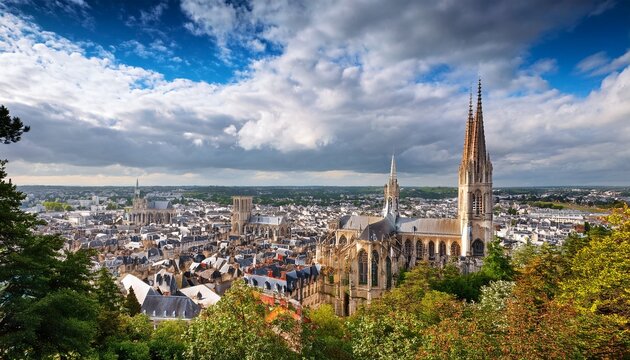 rouen city in france under a cloudy sky shot from the hill sainte catherine with view to saint ouen abbey