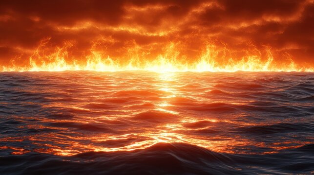 Bright orange flames reflect off the water surface as dark clouds hover above
