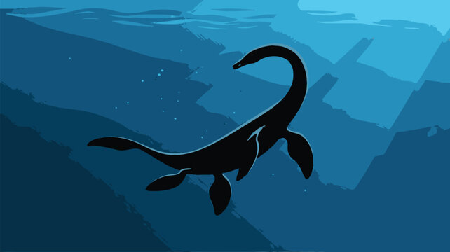 Prehistoric plesiosaur silhouette swimming in deep blue ocean, ancient marine reptile underwater vector, aquatic dinosaur in dark sea abyss