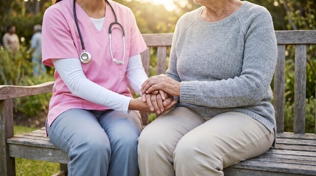 Compassionate caregiver holding the hand of an elderly woman sitting on a park bench