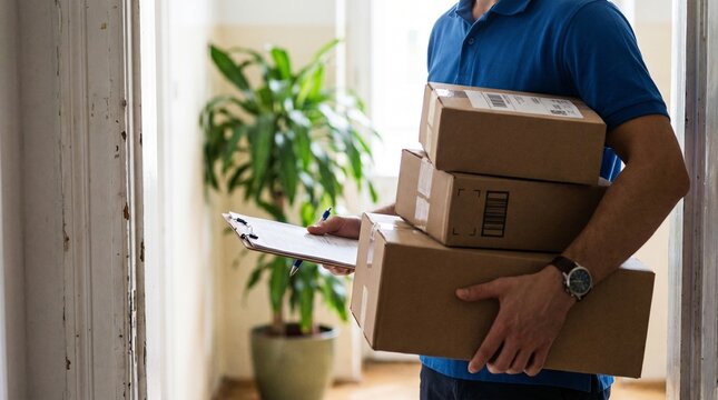 Delivery man holding cardboard boxes and clipboard at the door