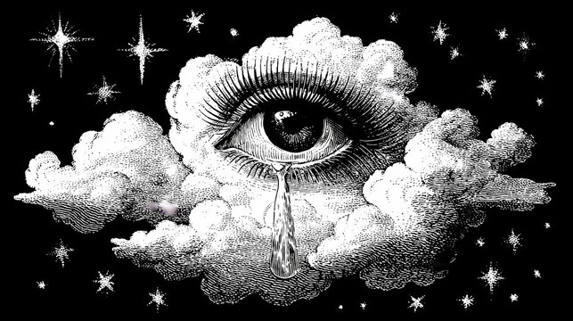 Dramatic Vintage Illustration of a Crying Eye in Starry Night Sky with Clouds