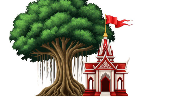 Large banyan tree standing next to a traditional red and white hindu temple with a small flag isolated on transparent background
