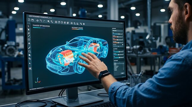 Close up of engineer's hand interacting with advanced 3d car model on computer screen displaying chassis optimization and engine heatmap data for analysis.