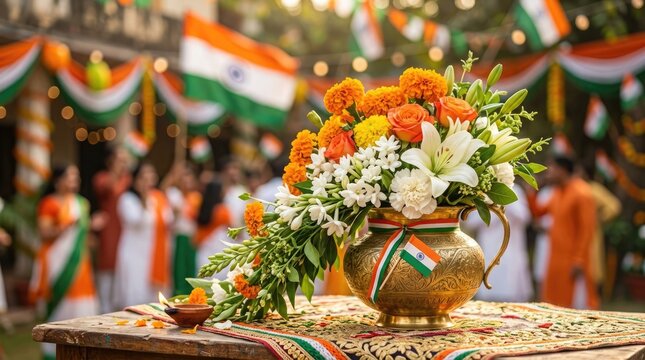 Celebrating india's independence day floral arrangement with tricolor decorations and festive background