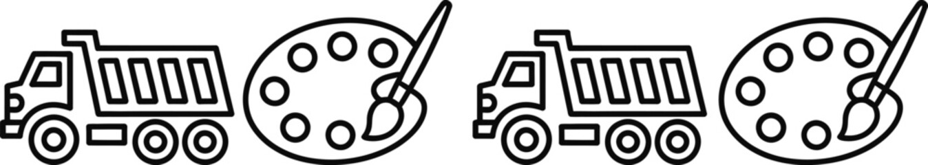 Construction and painting icon set featuring dump trucks and paint palettes © MelonChandro