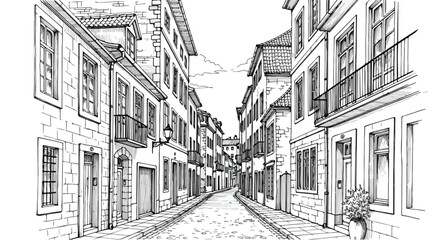 Obraz premium Hand Drawn Old European Street Vector Illustration Sketch