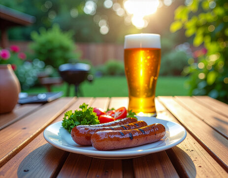 Maj&oacute;wka - grillowana kiełbasa piwo i grill w ogrodzie