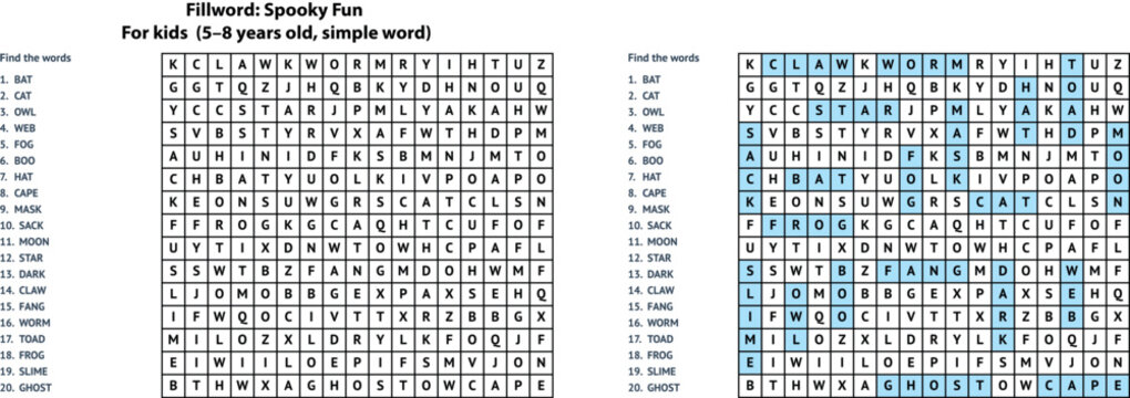 Halloween word search puzzle for kids with white background