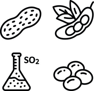 Illustrations of peanuts, olives, sulfur dioxide, and grapes