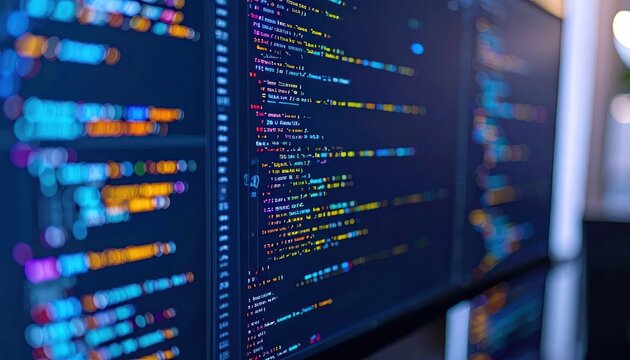 Close up view of software source code on monitor.