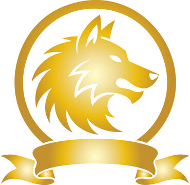 Golden wolf head logo emblem inside circle with blank banner vector
