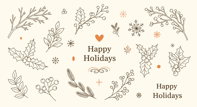 Vintage style winter holiday botanical collection with hand drawn sketches of holly, berries, snowflakes, pine branches, and Happy Holidays text.