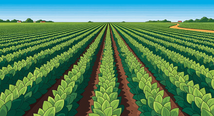 Expansive Green Soybean Field Rows Under Blue Sky © Kuri