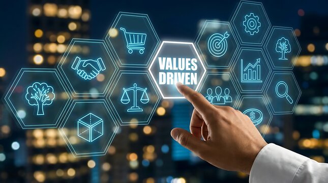 Man finger touching values driven hexagon symbol on futuristic background, business concept for integrity, ethics, mission, vision, goals, success, corporate responsibility.