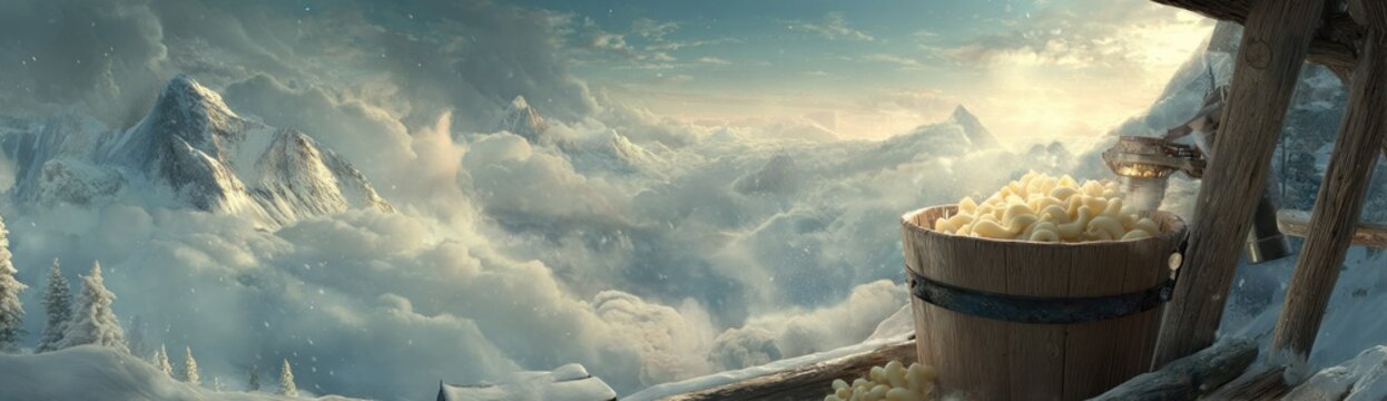 Wooden pail overflowing with white, fluffy material sits on a snowy ledge above immense cloud layers and distant peaks.