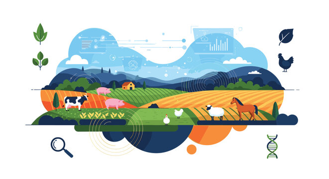 Modern agricultural farm landscape illustration shows various livestock and crops integrated with technology symbols.
