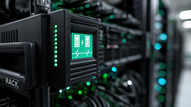 Modern Data Center: Focus on UPS in Server Rack, Green Digital Display, Network Equipment