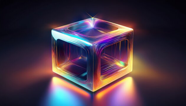 abstract iridescent cube with light effect on the dark backdrop this design is a combination of art and technology perfect for digital design and modern projects
