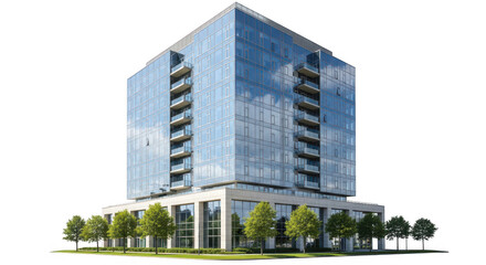 Fototapeta premium Modern glass building with blue reflective panels in urban setting isolated on transparent background