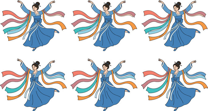 Traditional Chinese Ribbon Dance Vector Illustration Set Featuring Female Dancers In Hanfu Clothing Swirling Long Colorful Silks On White Background