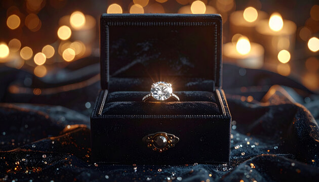 Diamond Engagement Ring in Velvet Box with Sparkling Background
