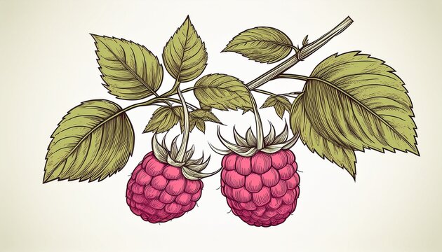 raspberry branch with berries and leaves hand drawn sketch