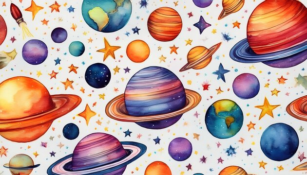 cosmic watercolor pattern with planets rockets and stars vibrant space adventure design