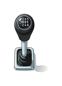 Manual car gear shift knob with 5 speeds and reverse, representing driving and performance