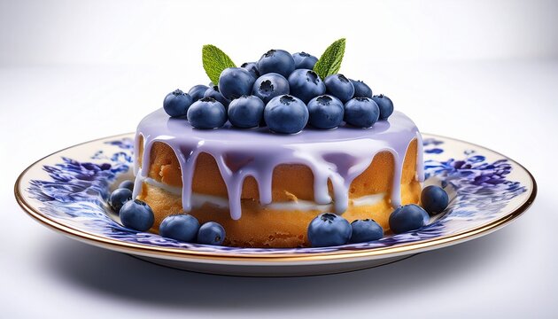 delicious blueberry cake with fresh berries and icing on a floral patterned plate with white background