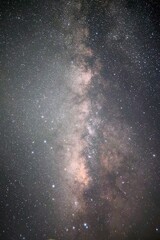 breathtaking view of the Milky Way galaxy stretching across a dramatic starry night sky, set against a dark natural horizon. Perfect for concepts of stargazing, outdoor adventure, and cosmic mystery. © lucky