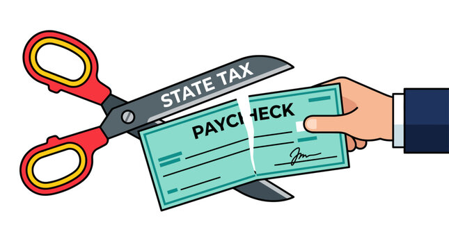 Big state tax scissors cutting a green paycheck document in half vector illustration.