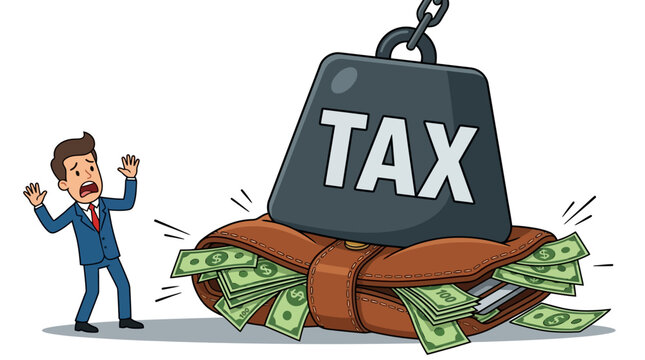 Huge tax anvil weight hanging on chain over a flattened wallet full of money vector illustration.