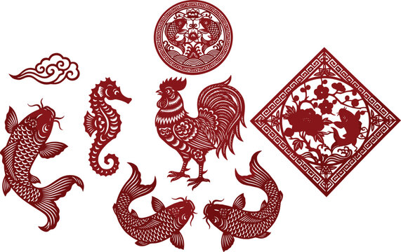 Traditional Chinese Paper Cutting Vector Element Set Featuring Red Rooster Koi Fish Seahorse Clouds And Ornate Emblems Isolated On White Background