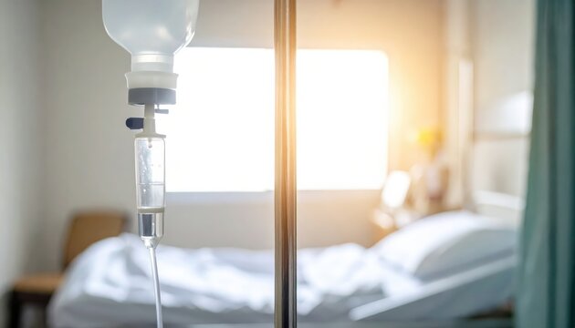 Intravenous IV bag filled with saline solution hanging from a chrome pole in a hospital room with sunlight streaming through the window