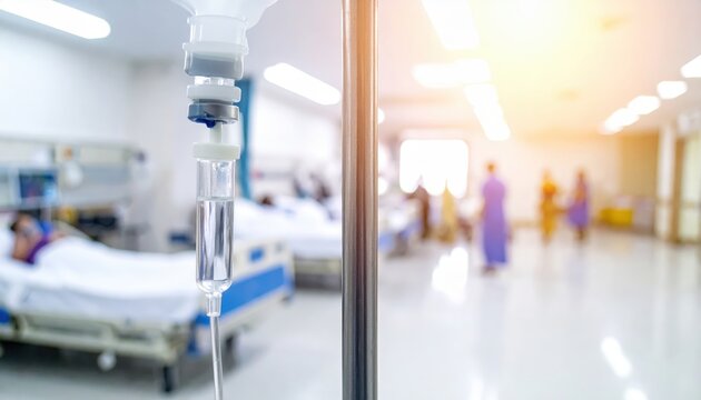 Intravenous IV bag with saline solution drips in a blurred hospital ward setting, symbolizing medical treatment and patient care