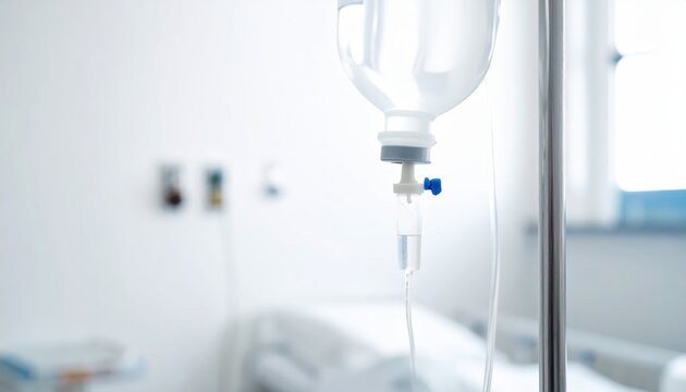 Intravenous IV bag with saline solution hanging for medical treatment and patient care in a hospital setting