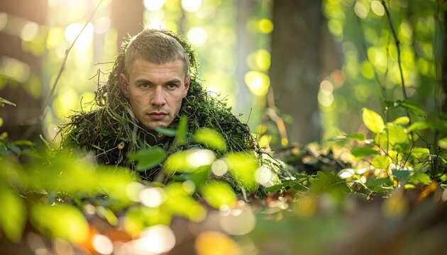 Intense soldier in full ghillie suit expertly camouflaged against a detailed forest floor environment, ready for tactical operations.