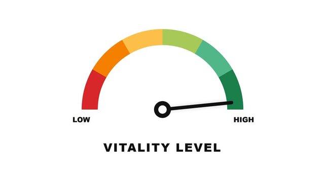 Vitality level gauge showing a low performance reading with a black needle against a white background, concept of hormonal health and energy levels.