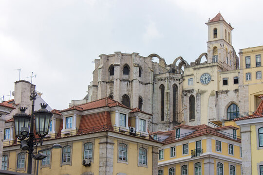 Lisbon, Portugal. Convento do Carmo (1389), founded by Nuno Alvares Pereira, Gothic style, roofless nave left as memorial after the 1755 earthquake. Chiado district