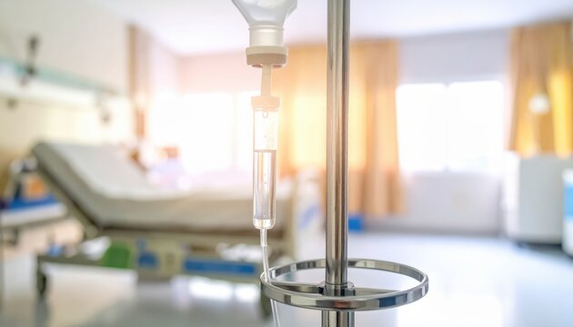 Intravenous drip bag filled with clear saline solution hanging from a medical stand in a hospital room