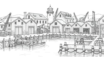 Fototapeta premium Fishery Harbor Port Lighthouse Vector Illustration Line Art