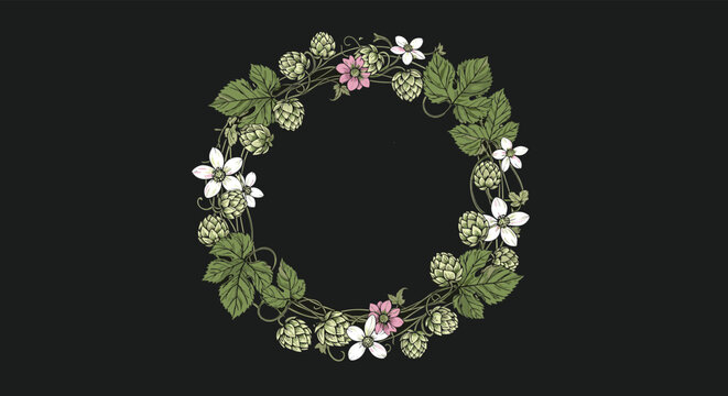 Delicate circular wreath border made of green hops cones, leaves, and small white and pink flowers on a dark background.