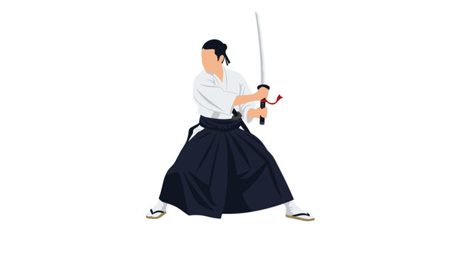 Traditional japanese samurai warrior in a dark hakama and white top holds a sharp katana sword in a fighting stance.