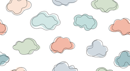 Obraz premium Seamless pattern design of simple hand drawn clouds in pastel blue, green, and pink colors on a white background for wallpaper.