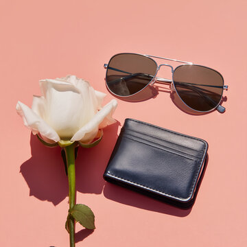 A white rose, aviator sunglasses and a navy blue wallet arranged on a pink surface