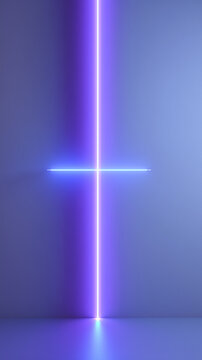 A vertical neon light strip and a horizontal neon light strip intersect in a dimly lit room, illuminated by their own glow